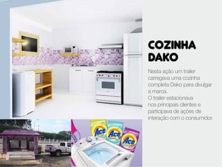 COZINHA
DAKO
Nesta ação um trailer
carregava uma cozinha
completa Dako para divulgar
a marca.
O trailer estacionava
nos principais clientes e
participava de ações de
interação com o consumidor.
 