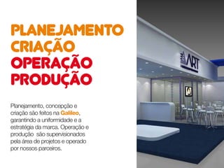 PLANEJAMENTO
CRIAÇÃO
OPERAÇÃO
PRODUÇÃO
Planejamento, concepção e
criação são feitos na Galileo,
garantindo a uniformidade e a
estratégia da marca. Operação e
produção são supervisionados
pela área de projetos e operado
por nossos parceiros.
 