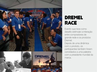 DREMEL
RACE
Evento que teve como
desafio estimular a interação
entre compradores de
grande rede e os produtos
Dremel.
Depois de uma dinâmica
com o produto, os
participantes também foram
convidados a uma palestra
com a presidente mundial da
marca.
 