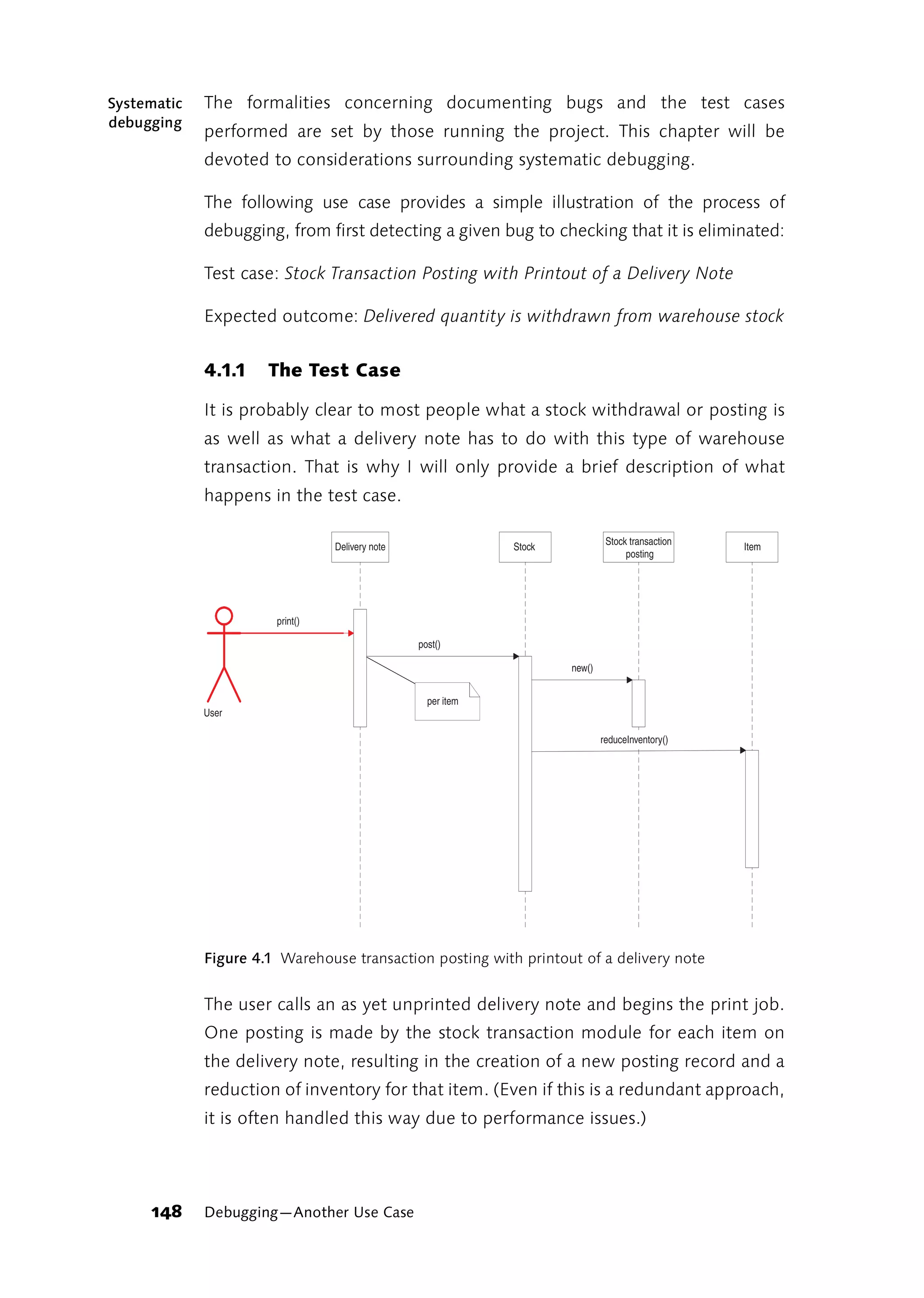Systematic   The formalities concerning documenting bugs and the test cases
debugging
             performed are set by those running the project. This chapter will be
             devoted to considerations surrounding systematic debugging.

             The following use case provides a simple illustration of the process of
             debugging, from first detecting a given bug to checking that it is eliminated:

             Test case: Stock Transaction Posting with Printout of a Delivery Note

             Expected outcome: Delivered quantity is withdrawn from warehouse stock


             4.1.1    The Test Case

             It is probably clear to most people what a stock withdrawal or posting is
             as well as what a delivery note has to do with this type of warehouse
             transaction. That is why I will only provide a brief description of what
             happens in the test case.

                                                                               Stock transaction
                                 Delivery note                Stock                                Item
                                                                                    posting




                       print()

                                                 post()

                                                                      new()


                                                   per item
             User

                                                                              reduceInventory()




             Figure 4.1 Warehouse transaction posting with printout of a delivery note


             The user calls an as yet unprinted delivery note and begins the print job.
             One posting is made by the stock transaction module for each item on
             the delivery note, resulting in the creation of a new posting record and a
             reduction of inventory for that item. (Even if this is a redundant approach,
             it is often handled this way due to performance issues.)




     148     Debugging—Another Use Case
 