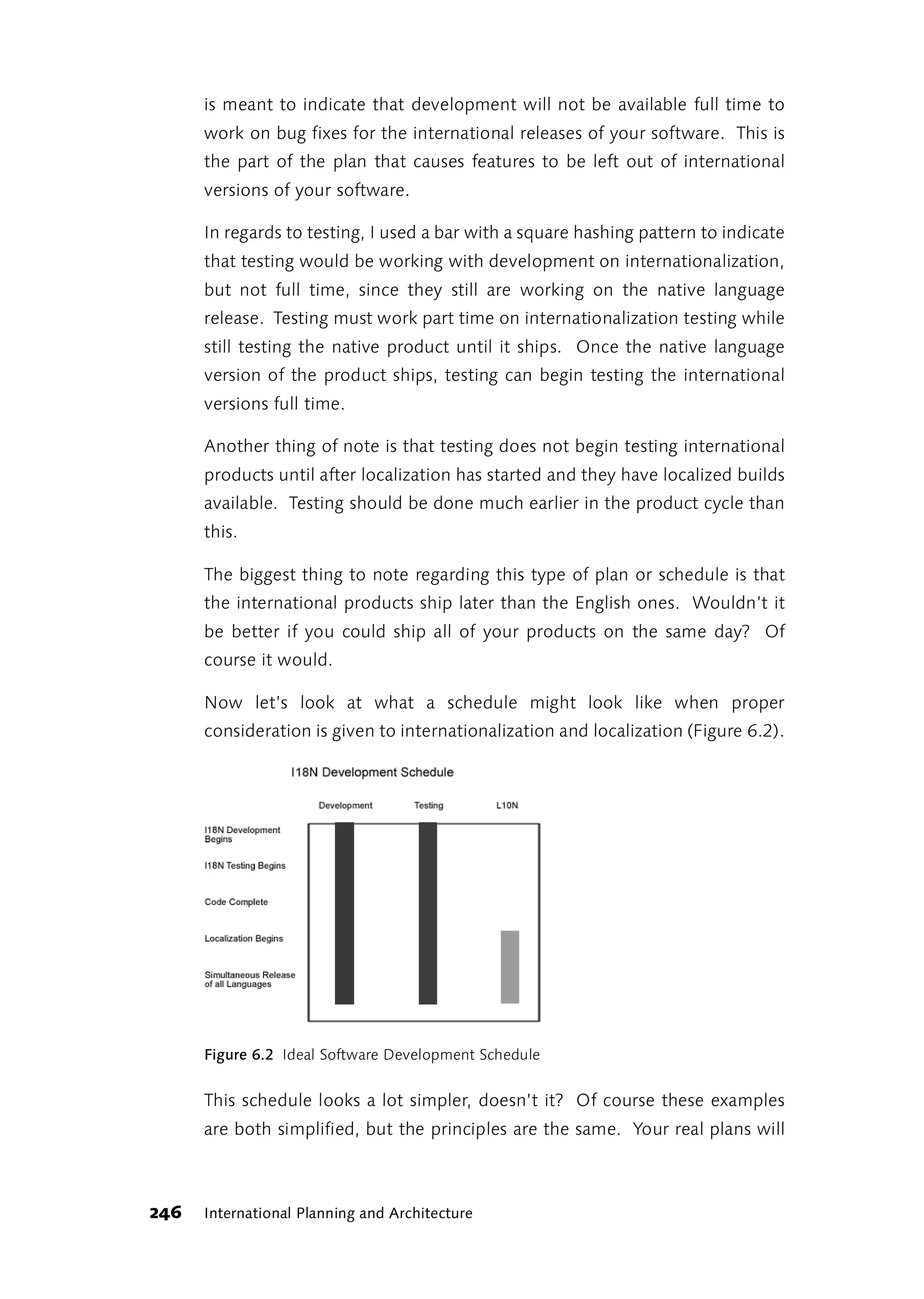is meant to indicate that development will not be available full time to
      work on bug fixes for the international releases of your software. This is
      the part of the plan that causes features to be left out of international
      versions of your software.

      In regards to testing, I used a bar with a square hashing pattern to indicate
      that testing would be working with development on internationalization,
      but not full time, since they still are working on the native language
      release. Testing must work part time on internationalization testing while
      still testing the native product until it ships. Once the native language
      version of the product ships, testing can begin testing the international
      versions full time.

      Another thing of note is that testing does not begin testing international
      products until after localization has started and they have localized builds
      available. Testing should be done much earlier in the product cycle than
      this.

      The biggest thing to note regarding this type of plan or schedule is that
      the international products ship later than the English ones. Wouldn’t it
      be better if you could ship all of your products on the same day? Of
      course it would.

      Now let’s look at what a schedule might look like when proper
      consideration is given to internationalization and localization (Figure 6.2).




      Figure 6.2 Ideal Software Development Schedule


      This schedule looks a lot simpler, doesn’t it? Of course these examples
      are both simplified, but the principles are the same. Your real plans will



246   International Planning and Architecture
 
