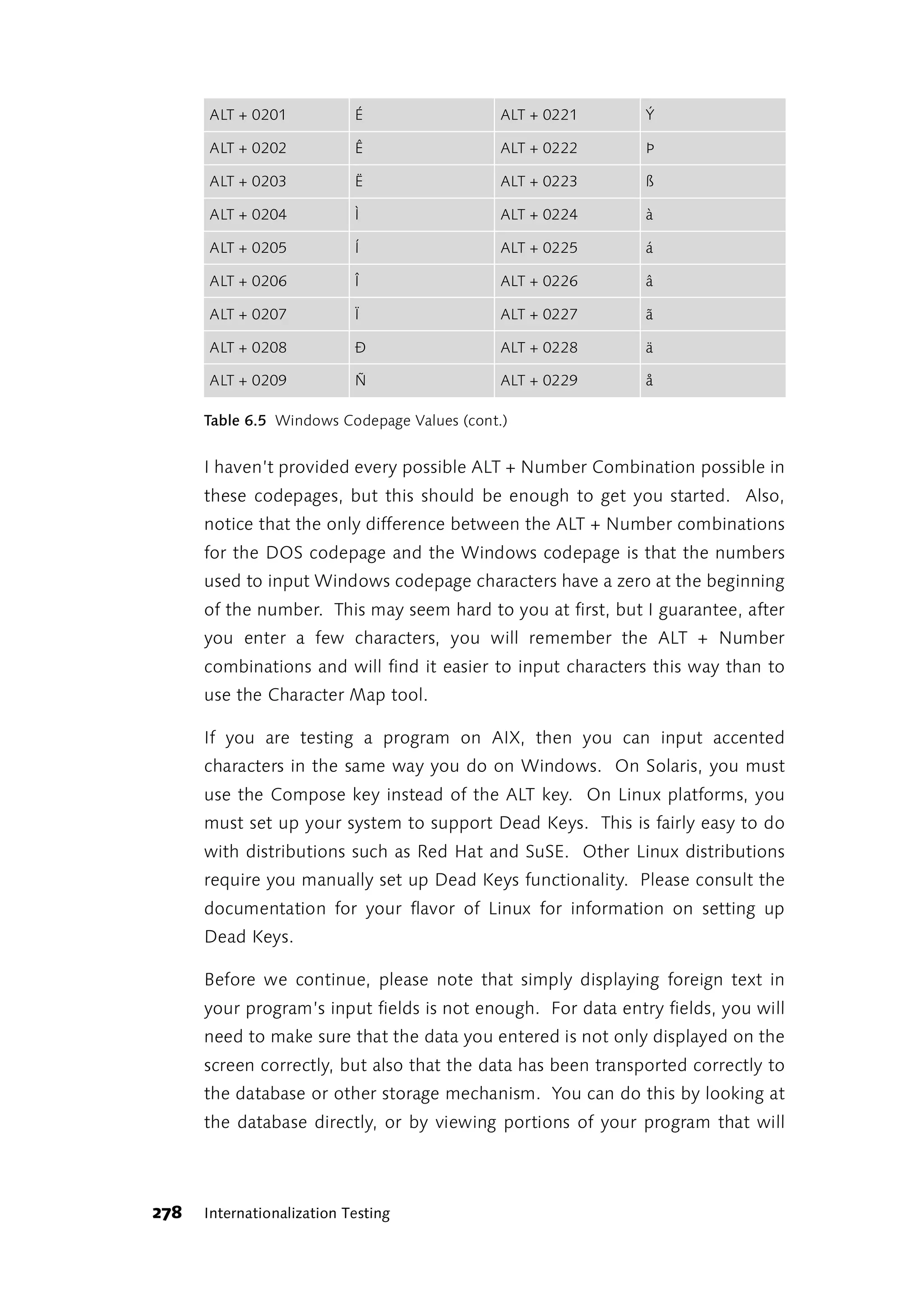 ALT + 0201            É                 ALT + 0221      Ý

      ALT + 0202            Ê                 ALT + 0222      Þ

      ALT + 0203            Ë                 ALT + 0223      ß

      ALT + 0204            Ì                 ALT + 0224      à

      ALT + 0205            Í                 ALT + 0225      á

      ALT + 0206            Î                 ALT + 0226      â

      ALT + 0207            Ï                 ALT + 0227      ã

      ALT + 0208            Ð                 ALT + 0228      ä

      ALT + 0209            Ñ                 ALT + 0229      å

      Table 6.5 Windows Codepage Values (cont.)


      I haven’t provided every possible ALT + Number Combination possible in
      these codepages, but this should be enough to get you started. Also,
      notice that the only difference between the ALT + Number combinations
      for the DOS codepage and the Windows codepage is that the numbers
      used to input Windows codepage characters have a zero at the beginning
      of the number. This may seem hard to you at first, but I guarantee, after
      you enter a few characters, you will remember the ALT + Number
      combinations and will find it easier to input characters this way than to
      use the Character Map tool.

      If you are testing a program on AIX, then you can input accented
      characters in the same way you do on Windows. On Solaris, you must
      use the Compose key instead of the ALT key. On Linux platforms, you
      must set up your system to support Dead Keys. This is fairly easy to do
      with distributions such as Red Hat and SuSE. Other Linux distributions
      require you manually set up Dead Keys functionality. Please consult the
      documentation for your flavor of Linux for information on setting up
      Dead Keys.

      Before we continue, please note that simply displaying foreign text in
      your program’s input fields is not enough. For data entry fields, you will
      need to make sure that the data you entered is not only displayed on the
      screen correctly, but also that the data has been transported correctly to
      the database or other storage mechanism. You can do this by looking at
      the database directly, or by viewing portions of your program that will




278   Internationalization Testing
 
