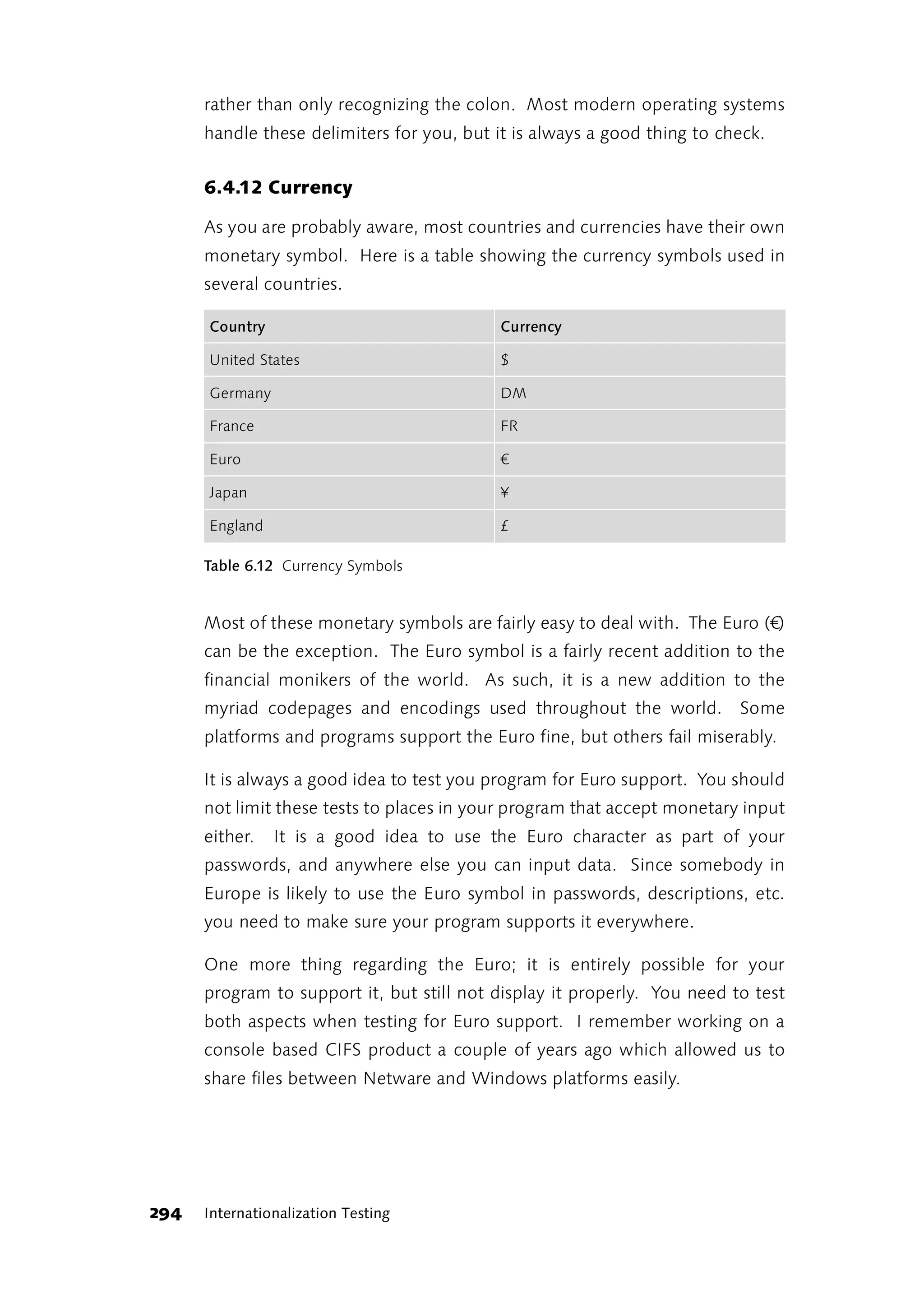 rather than only recognizing the colon. Most modern operating systems
      handle these delimiters for you, but it is always a good thing to check.


      6.4.12 Currency

      As you are probably aware, most countries and currencies have their own
      monetary symbol. Here is a table showing the currency symbols used in
      several countries.

      Country                               Currency

      United States                         $

      Germany                               DM

      France                                FR

      Euro                                  €

      Japan                                 ¥

      England                               £

      Table 6.12 Currency Symbols


      Most of these monetary symbols are fairly easy to deal with. The Euro (€)
      can be the exception. The Euro symbol is a fairly recent addition to the
      financial monikers of the world. As such, it is a new addition to the
      myriad codepages and encodings used throughout the world.           Some
      platforms and programs support the Euro fine, but others fail miserably.

      It is always a good idea to test you program for Euro support. You should
      not limit these tests to places in your program that accept monetary input
      either.   It is a good idea to use the Euro character as part of your
      passwords, and anywhere else you can input data. Since somebody in
      Europe is likely to use the Euro symbol in passwords, descriptions, etc.
      you need to make sure your program supports it everywhere.

      One more thing regarding the Euro; it is entirely possible for your
      program to support it, but still not display it properly. You need to test
      both aspects when testing for Euro support. I remember working on a
      console based CIFS product a couple of years ago which allowed us to
      share files between Netware and Windows platforms easily.




294   Internationalization Testing
 