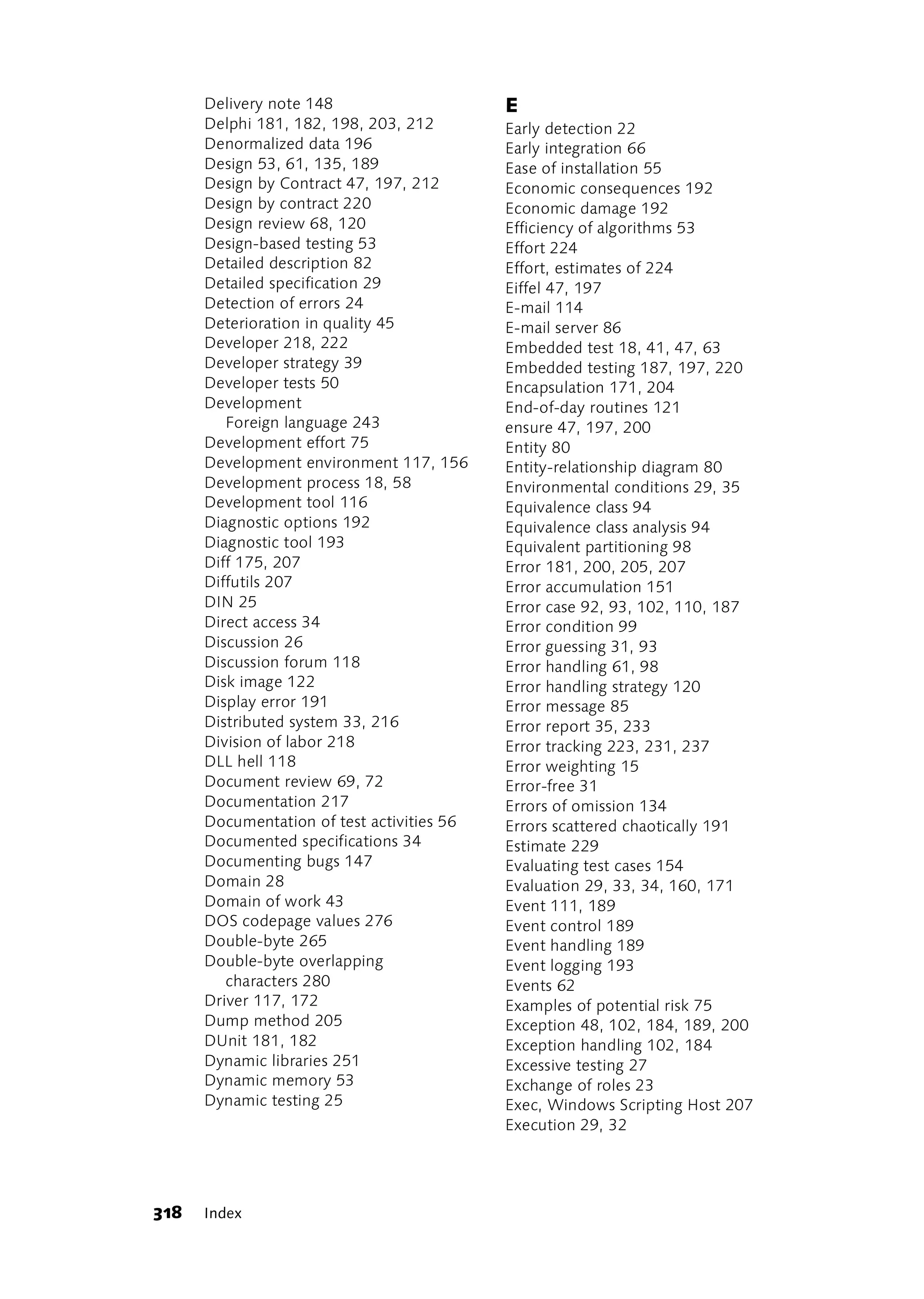 Delivery note 148                     E
      Delphi 181, 182, 198, 203, 212        Early detection 22
      Denormalized data 196                 Early integration 66
      Design 53, 61, 135, 189               Ease of installation 55
      Design by Contract 47, 197, 212       Economic consequences 192
      Design by contract 220                Economic damage 192
      Design review 68, 120                 Efficiency of algorithms 53
      Design-based testing 53               Effort 224
      Detailed description 82               Effort, estimates of 224
      Detailed specification 29             Eiffel 47, 197
      Detection of errors 24                E-mail 114
      Deterioration in quality 45           E-mail server 86
      Developer 218, 222                    Embedded test 18, 41, 47, 63
      Developer strategy 39                 Embedded testing 187, 197, 220
      Developer tests 50                    Encapsulation 171, 204
      Development                           End-of-day routines 121
         Foreign language 243               ensure 47, 197, 200
      Development effort 75                 Entity 80
      Development environment 117, 156      Entity-relationship diagram 80
      Development process 18, 58            Environmental conditions 29, 35
      Development tool 116                  Equivalence class 94
      Diagnostic options 192                Equivalence class analysis 94
      Diagnostic tool 193                   Equivalent partitioning 98
      Diff 175, 207                         Error 181, 200, 205, 207
      Diffutils 207                         Error accumulation 151
      DIN 25                                Error case 92, 93, 102, 110, 187
      Direct access 34                      Error condition 99
      Discussion 26                         Error guessing 31, 93
      Discussion forum 118                  Error handling 61, 98
      Disk image 122                        Error handling strategy 120
      Display error 191                     Error message 85
      Distributed system 33, 216            Error report 35, 233
      Division of labor 218                 Error tracking 223, 231, 237
      DLL hell 118                          Error weighting 15
      Document review 69, 72                Error-free 31
      Documentation 217                     Errors of omission 134
      Documentation of test activities 56   Errors scattered chaotically 191
      Documented specifications 34          Estimate 229
      Documenting bugs 147                  Evaluating test cases 154
      Domain 28                             Evaluation 29, 33, 34, 160, 171
      Domain of work 43                     Event 111, 189
      DOS codepage values 276               Event control 189
      Double-byte 265                       Event handling 189
      Double-byte overlapping               Event logging 193
         characters 280                     Events 62
      Driver 117, 172                       Examples of potential risk 75
      Dump method 205                       Exception 48, 102, 184, 189, 200
      DUnit 181, 182                        Exception handling 102, 184
      Dynamic libraries 251                 Excessive testing 27
      Dynamic memory 53                     Exchange of roles 23
      Dynamic testing 25                    Exec, Windows Scripting Host 207
                                            Execution 29, 32




318   Index
 