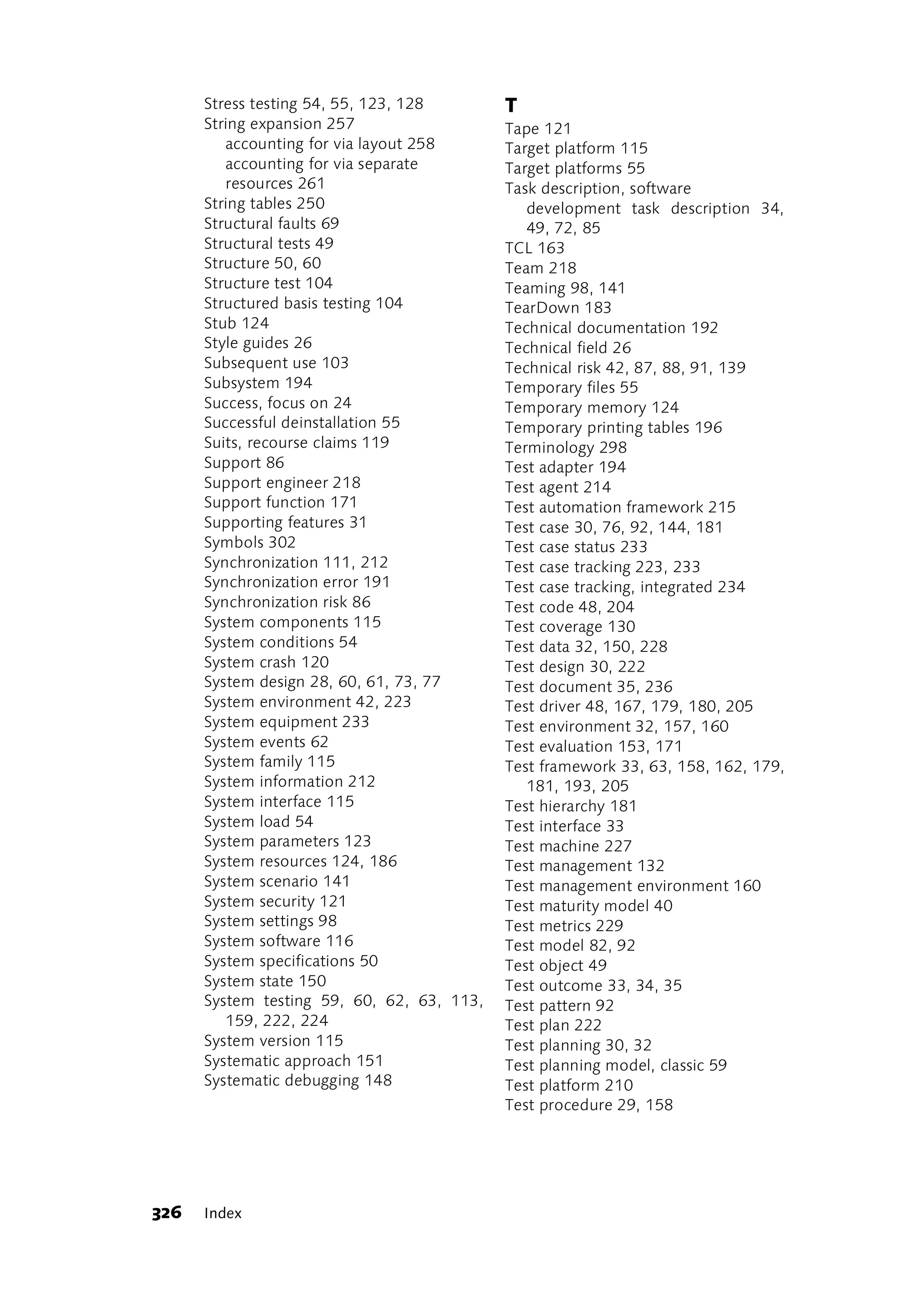 Stress testing 54, 55, 123, 128       T
      String expansion 257                  Tape 121
         accounting for via layout 258      Target platform 115
         accounting for via separate        Target platforms 55
         resources 261                      Task description, software
      String tables 250                        development task description 34,
      Structural faults 69                     49, 72, 85
      Structural tests 49                   TCL 163
      Structure 50, 60                      Team 218
      Structure test 104                    Teaming 98, 141
      Structured basis testing 104          TearDown 183
      Stub 124                              Technical documentation 192
      Style guides 26                       Technical field 26
      Subsequent use 103                    Technical risk 42, 87, 88, 91, 139
      Subsystem 194                         Temporary files 55
      Success, focus on 24                  Temporary memory 124
      Successful deinstallation 55          Temporary printing tables 196
      Suits, recourse claims 119            Terminology 298
      Support 86                            Test adapter 194
      Support engineer 218                  Test agent 214
      Support function 171                  Test automation framework 215
      Supporting features 31                Test case 30, 76, 92, 144, 181
      Symbols 302                           Test case status 233
      Synchronization 111, 212              Test case tracking 223, 233
      Synchronization error 191             Test case tracking, integrated 234
      Synchronization risk 86               Test code 48, 204
      System components 115                 Test coverage 130
      System conditions 54                  Test data 32, 150, 228
      System crash 120                      Test design 30, 222
      System design 28, 60, 61, 73, 77      Test document 35, 236
      System environment 42, 223            Test driver 48, 167, 179, 180, 205
      System equipment 233                  Test environment 32, 157, 160
      System events 62                      Test evaluation 153, 171
      System family 115                     Test framework 33, 63, 158, 162, 179,
      System information 212                   181, 193, 205
      System interface 115                  Test hierarchy 181
      System load 54                        Test interface 33
      System parameters 123                 Test machine 227
      System resources 124, 186             Test management 132
      System scenario 141                   Test management environment 160
      System security 121                   Test maturity model 40
      System settings 98                    Test metrics 229
      System software 116                   Test model 82, 92
      System specifications 50              Test object 49
      System state 150                      Test outcome 33, 34, 35
      System testing 59, 60, 62, 63, 113,   Test pattern 92
         159, 222, 224                      Test plan 222
      System version 115                    Test planning 30, 32
      Systematic approach 151               Test planning model, classic 59
      Systematic debugging 148              Test platform 210
                                            Test procedure 29, 158




326   Index
 