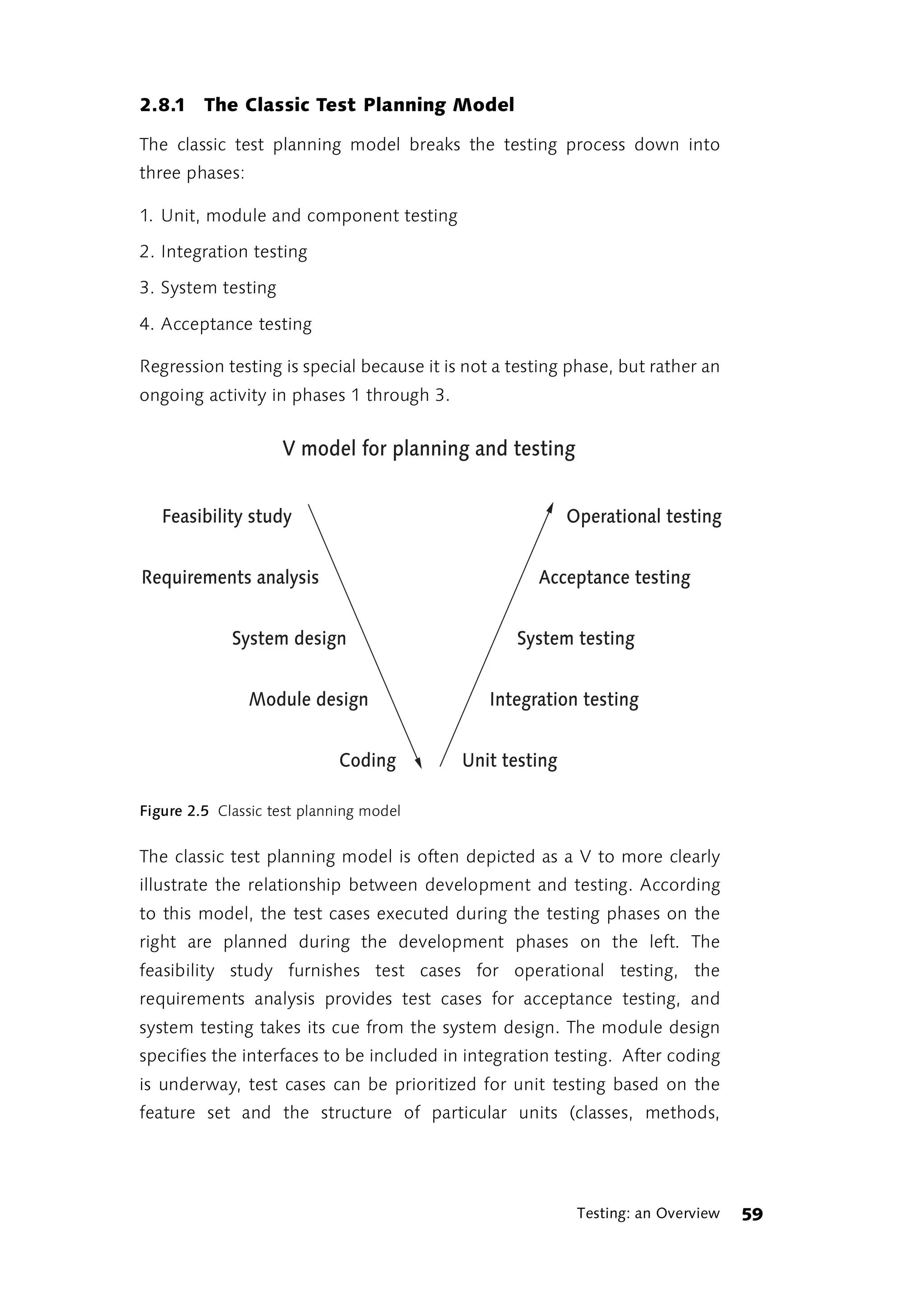 2.8.1 The Classic Test Planning Model

The classic test planning model breaks the testing process down into
three phases:

1. Unit, module and component testing

2. Integration testing

3. System testing

4. Acceptance testing

Regression testing is special because it is not a testing phase, but rather an
ongoing activity in phases 1 through 3.


                    V model for planning and testing


   Feasibility study                                      Operational testing


Requirements analysis                                Acceptance testing


             System design                        System testing


                Module design                  Integration testing


                             Coding        Unit testing

Figure 2.5 Classic test planning model


The classic test planning model is often depicted as a V to more clearly
illustrate the relationship between development and testing. According
to this model, the test cases executed during the testing phases on the
right are planned during the development phases on the left. The
feasibility study furnishes test cases for operational testing, the
requirements analysis provides test cases for acceptance testing, and
system testing takes its cue from the system design. The module design
specifies the interfaces to be included in integration testing. After coding
is underway, test cases can be prioritized for unit testing based on the
feature set and the structure of particular units (classes, methods,




                                                           Testing: an Overview   59
 