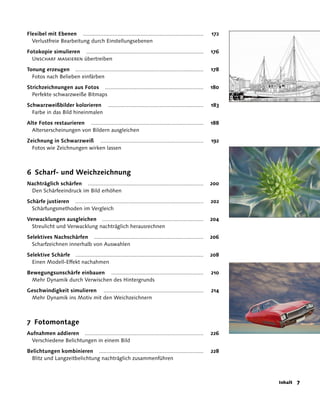 Flexibel mit Ebenen .............................................................................      172
  Verlustfreie Bearbeitung durch Einstellungsebenen

Fotokopie simulieren ...........................................................................       176
  Unscharf maskieren übertreiben

Tonung erzeugen ..................................................................................     178
  Fotos nach Belieben einfärben

Strichzeichnungen aus Fotos ...............................................................            180
  Perfekte schwarzweiße Bitmaps
Schwarzweißbilder kolorieren .............................................................             183
  Farbe in das Bild hineinmalen

Alte Fotos restaurieren ........................................................................       188
  Alterserscheinungen von Bildern ausgleichen

Zeichnung in Schwarzweiß ..................................................................            192
  Fotos wie Zeichnungen wirken lassen



6 Scharf- und Weichzeichnung
Nachträglich schärfen ..........................................................................       200
 Den Schärfeeindruck im Bild erhöhen

Schärfe justieren ..................................................................................   202
  Schärfungsmethoden im Vergleich

Verwacklungen ausgleichen .................................................................            204
  Streulicht und Verwacklung nachträglich herausrechnen

Selektives Nachschärfen ......................................................................         206
  Scharfzeichnen innerhalb von Auswahlen

Selektive Schärfe ..................................................................................   208
  Einen Modell-Effekt nachahmen

Bewegungsunschärfe einbauen ...........................................................                210
  Mehr Dynamik durch Verwischen des Hintergrunds

Geschwindigkeit simulieren ................................................................            214
 Mehr Dynamik ins Motiv mit den Weichzeichnern



7 Fotomontage
Aufnahmen addieren ............................................................................        226
 Verschiedene Belichtungen in einem Bild

Belichtungen kombinieren ...................................................................           228
  Blitz und Langzeitbelichtung nachträglich zusammenführen



                                                                                                             Inhalt   
 