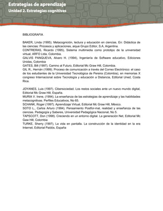 BIBLIOGRAFIA
BAKER, Linda (1995). Metacognición, lectura y educación en ciencias. En: Didáctica de
las ciencias: Procesos y aplicaciones, aique Grupo Editor, S.A, Argentina.
CONTRERAS, Ricardo (1995), Sistema multimedia como prototipo de la universidad
virtual, ARFO Ltda, Colombia.
GALVIS PANQUEVA, Alvaro H. (1994), Ingeniería de Software educativo, Ediciones
Unidas, Colombia
GATES, Bill (1997). Camino al Futuro, Editorial Mc Graw Hill, Colombia.
GIL R., Hernán (1999). Proceso de comunicación a través del Correo Electrónico: el caso
de los estudiantes de la Universidad Tecnológica de Pereira (Colombia), en memorias X
congreso Internacional sobre Tecnología y educación a Distancia, Editorial Uned, Costa
Rica.
JOYANES, Luis (1997). Cibersociedad. Los restos sociales ante un nuevo mundo digital,
Editorial Mc Graw Hill, España.
MURIA V. Irene, (1994). La enseñanza de las estrategias de aprendizaje y las habilidades
metacognitivas. Perfiles Educativos, No 65.
SCHANK, Roger (1997). Aprendizaje Virtual, Editorial Mc Graw Hill, México.
SOTO L., Carlos Arturo (1994). Pensamiento Postfor-mal, realidad y enseñanza de las
ciencias. Pedagogía y Saberes, Universidad Pedagógica Nacional, No 5.
TAPSCOTT, Don (1998). Creciendo en un entorno digital. La generación Net, Editorial Mc
Gaw Hill, Colombia
TURKE, Sherry (1997), La vida en pantalla. La construcción de la identidad en la era
Internet, Editorial Paidós, España
 