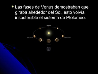  Lasfases de Venus demostraban que
 giraba alrededor del Sol, esto volvía
 insostenible el sistema de Ptolomeo.
 