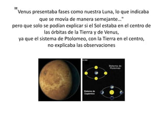 "Venus presentaba fases como nuestra Luna, lo que indicaba
que se movía de manera semejante…"
pero que solo se podían explicar si el Sol estaba en el centro de
las órbitas de la Tierra y de Venus,
ya que el sistema de Ptolomeo, con la Tierra en el centro,
no explicaba las observaciones
 