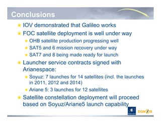 IOV demonstrated that Galileo works
FOC satellite deployment is well under way
OHB satellite production progressing well
SAT5 and 6 mission recovery under way
SAT7 and 8 being made ready for launch
Launcher service contracts signed with
Arianespace:
Soyuz: 7 launches for 14 satellites (incl. the launches
in 2011, 2012 and 2014)
Ariane 5: 3 launches for 12 satellites
Satellite constellation deployment will proceed
based on Soyuz/Ariane5 launch capability
Conclusions
 