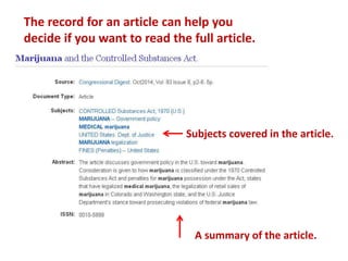 The record for an article can help you
decide if you want to read the full article.
Subjects covered in the article.
A summary of the article.
 