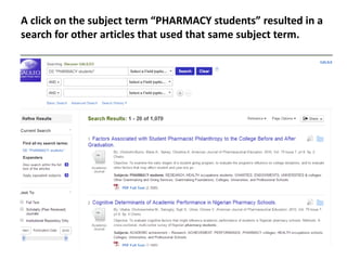 A click on the subject term “PHARMACY students” resulted in a
search for other articles that used that same subject term.
 