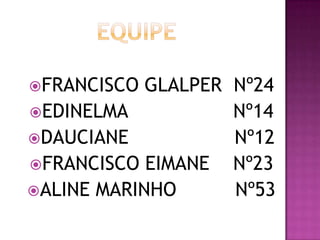 EQUIPEFRANCISCO GLALPER  Nº24EDINELMA                  Nº14DAUCIANE                  Nº12FRANCISCO EIMANE    Nº23ALINE MARINHO          Nº53