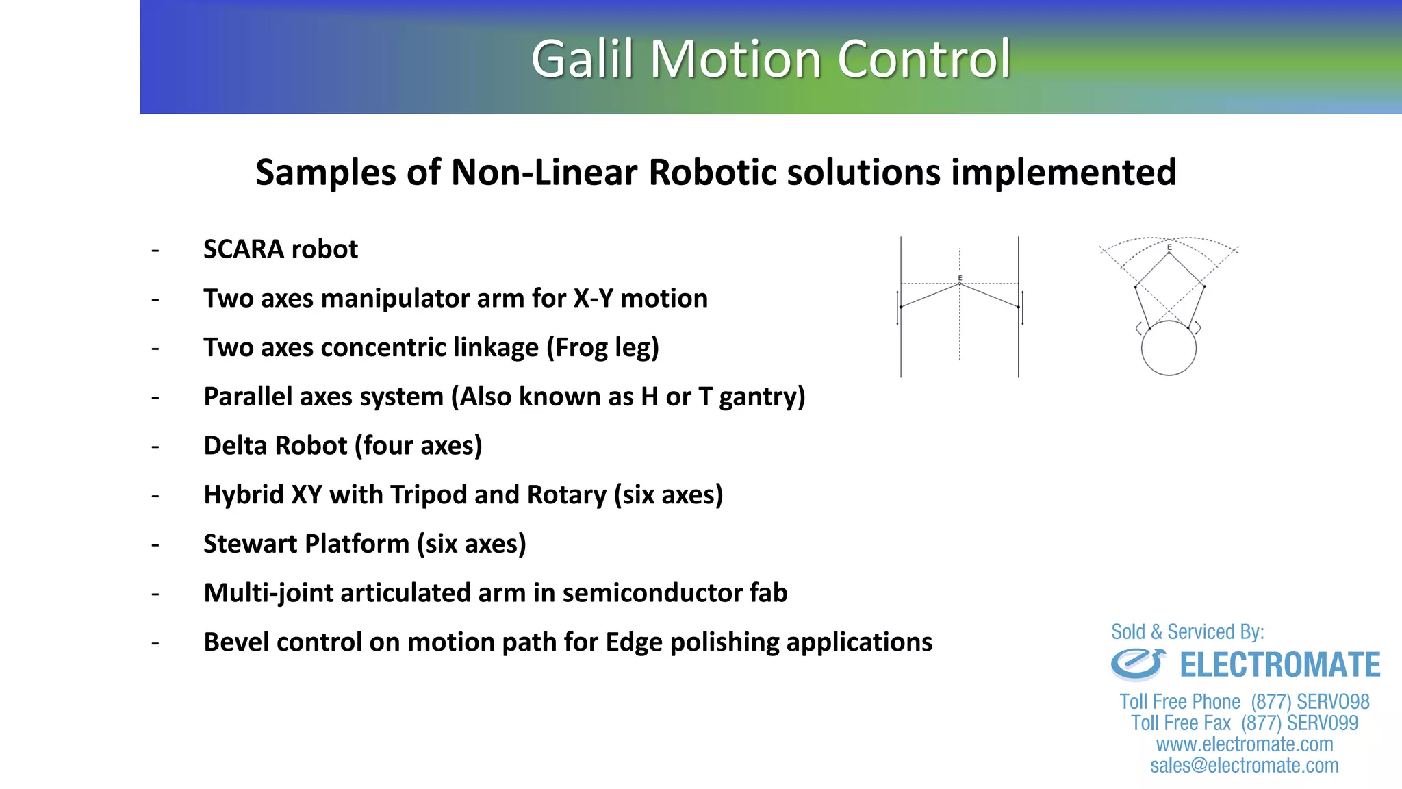 Samples of Non-Linear Robotic solutions implemented
- SCARA robot
- Two axes manipulator arm for X-Y motion
- Two axes concentric linkage (Frog leg)
- Parallel axes system (Also known as H or T gantry)
- Delta Robot (four axes)
- Hybrid XY with Tripod and Rotary (six axes)
- Stewart Platform (six axes)
- Multi-joint articulated arm in semiconductor fab
- Bevel control on motion path for Edge polishing applications
Galil Motion Control
sales@electromate.com
www.electromate.com
ELECTROMATE
Toll Free Phone (877) SERVO98
Toll Free Fax (877) SERV099
www.electromate.com
sales@electromate.com
Sold & Serviced By:
 