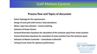 Process flow and Topics of discussion
- Select Topology for the requirements
- Design of each joint with inertia / load calculations
- Motor / gear box selection – Inertia matching
- Selection of Power Drivers
- Forward Kinematics Equations for calculation of the Cartesian space from motor position
- Inverse Kinematics Equations for calculation of motor position from the Cartesian space
- Selection of Motion Controller – Centralized vs EtherCAT
- Tuning of each motor for optimum performance
Galil Motion Control
sales@electromate.com
www.electromate.com
ELECTROMATE
Toll Free Phone (877) SERVO98
Toll Free Fax (877) SERV099
www.electromate.com
sales@electromate.com
Sold & Serviced By:
 