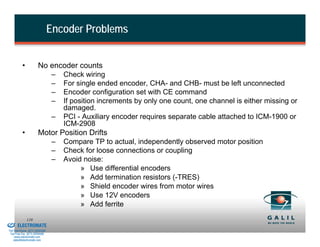 Encoder Problems


                    •            No encoder counts
                                           –   Check wiring
                                           –   For single ended encoder, CHA- and CHB- must be left unconnected
                                           –   Encoder configuration set with CE command
                                           –   If position increments by only one count, one channel is either missing or
                                               damaged.
                                           –   PCI - Auxiliary encoder requires separate cable attached to ICM-1900 or
                                               ICM-2908
                    •            Motor Position Drifts
                                           –   Compare TP to actual, independently observed motor position
                                           –   Check for loose connections or coupling
                                           –   Avoid noise:
                                                    » Use differential encoders
                                                    » Add termination resistors (-TRES)
                                                    » Shield encoder wires from motor wires
                                                    » Use 12V encoders
                                                    » Add ferrite
& Serviced By:
                        119
                 ELECTROMATE
          Toll Free Phone (877) SERVO98
           Toll Free Fax (877) SERV099
                www.electromate.com
               sales@electromate.com
 