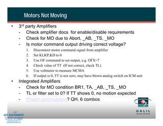 Motors Not Moving
                    •           3rd party Amplifiers
                                - Check amplifier docs for enable/disable requirements
                                - Check for MO due to Abort, _AB, _TS, _MO
                                - Is motor command output driving correct voltage?
                                          1.   Disconnect motor command signal from amplifier
                                          2.   Set KI,KP,KD to 0
                                          3.   Use OF command to set output, e.g. OFX=7
                                          4.   Check value of TT (If not correct, check TL)
                                          5.   Use voltmeter to measure MCMA
                                          6.   If output is 0, TT is not zero, may have blown analog switch on ICM unit
                    •           Integrated Amplifiers
                                - Check for MO condition BR1, TA, _AB, _TS, _MO
                                - TL or filter set to 0? If TT shows 0, no motion expected
                                - Proper commutation? QH, 6 combos

& Serviced By:
                        122
                 ELECTROMATE
          Toll Free Phone (877) SERVO98
           Toll Free Fax (877) SERV099
                www.electromate.com
               sales@electromate.com
 