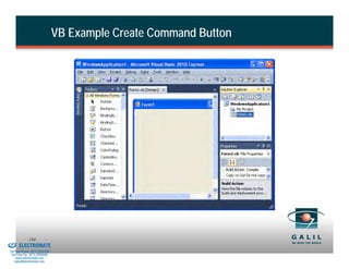 VB Example Create Command Button




& Serviced By:
                        134
                 ELECTROMATE
          Toll Free Phone (877) SERVO98
           Toll Free Fax (877) SERV099
                www.electromate.com
               sales@electromate.com
 