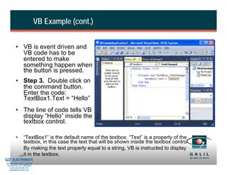 VB Example (cont.)


                    • VB is event driven and
                      VB code has to be
                      entered to make
                      something happen when
                      the button is pressed.
                    • Step 3. Double click on
                      the command button.
                      Enter the code:
                      TextBox1.Text = “Hello”
                    • The line of code tells VB
                      display “Hello” inside the
                      textbox control.

                    •       “TextBox1” is the default name of the textbox. “Text” is a property of the
                            textbox, in this case the text that will be shown inside the textbox control.
                            By making the text property equal to a string, VB is instructed to display
                        136 it in the textbox.
& Serviced By:


                 ELECTROMATE
          Toll Free Phone (877) SERVO98
           Toll Free Fax (877) SERV099
                www.electromate.com
               sales@electromate.com
 