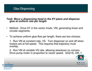 Glue Dispensing


                    Task: Move a dispensing head in the XY plane and dispense
                      glue at uniform rate per length

                    • Method - Drive XY in the vector mode, VM, generating linear and
                      circular segments.

                    • To achieve uniform glue flow per length, there are two choices:
                              1. Run VM at constant rate, VS. Turn dispenser on and off when
                              motors are at full speed. This requires that trajectory must
                              overlap.
                              2. Run VM at variable VS rate, allowing slowdown on corners.
                              Drive pump motor in proportion to vector speed. GAZ=S, GR,,1.


& Serviced By:
                        177
                 ELECTROMATE
          Toll Free Phone (877) SERVO98
           Toll Free Fax (877) SERV099
                www.electromate.com
               sales@electromate.com
 