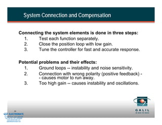 System Connection and Compensation


                                Connecting the system elements is done in three steps:
                                  1.    Test each function separately.
                                  2.    Close the position loop with low gain.
                                  3.    Tune the controller for fast and accurate response.

                                Potential problems and their effects:
                                  1.      Ground loops -- instability and noise sensitivity.
                                  2.      Connection with wrong polarity (positive feedback) -
                                          - causes motor to run away.
                                  3.      Too high gain -- causes instability and oscillations.




& Serviced By:
                        30
                 ELECTROMATE
          Toll Free Phone (877) SERVO98
           Toll Free Fax (877) SERV099
                www.electromate.com
               sales@electromate.com
 
