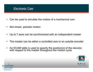 Electronic Cam


                    • Can be used to simulate the motion of a mechanical cam

                    • Non-linear, periodic motion

                    • Up to 7 axes can be synchronized with an independent master

                    • The master can be either a controlled axis or an outside encoder

                    • An ECAM table is used to specify the position(s) of the slave(s)
                      with respect to the master throughout the motion cycle



& Serviced By:
                        56
                 ELECTROMATE
          Toll Free Phone (877) SERVO98
           Toll Free Fax (877) SERV099
                www.electromate.com
               sales@electromate.com
 