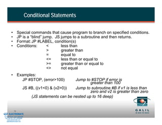 Conditional Statements

                    •        Special commands that cause program to branch on specified conditions.
                    •        JP is a “blind” jump. JS jumps to a subroutine and then returns.
                    •        Format: JP #LABEL, condition(s)
                    •        Conditions:       <      less than
                                               >      greater than
                                               =      equal to
                                               <=     less than or equal to
                                               >=     greater than or equal to
                                               <>     not equal
                    • Examples:
                        JP #STOP, (error>100)                    Jump to #STOP if error is
                                                                         greater than 100
                                      JS #B, ((v1<0) & (v2>0))   Jump to subroutine #B if v1 is less than
                                                                         zero and v2 is greater than zero
                                          (JS statements can be nested up to 16 deep)


& Serviced By:
                        71
                 ELECTROMATE
          Toll Free Phone (877) SERVO98
           Toll Free Fax (877) SERV099
                www.electromate.com
               sales@electromate.com
 