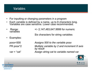 Variables


                    • For inputting or changing parameters in a program
                    • Each variable is defined by a name, up to 8 characters long.
                      Variables are case sensitive. Lower case recommended.
                    •         Range:                  +/- 2,147,483,647.9999 for numeric
                             variables
                                                      Six characters for string variables
                    • Examples:
                             posx=500                 Assigns 500 to the variable posx
                             PR posx*2                Multiply variable by 2 and increment X axis
                                                      by result
                             var = “cat”              Assign string cat to variable named var



& Serviced By:
                        79
                 ELECTROMATE
          Toll Free Phone (877) SERVO98
           Toll Free Fax (877) SERV099
                www.electromate.com
               sales@electromate.com
 