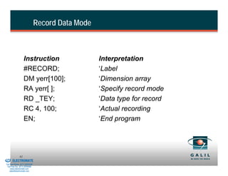 Record Data Mode



                             Instruction                     Interpretation
                             #RECORD;                        ‘Label
                             DM yerr[100];                   ‘Dimension array
                             RA yerr[ ];                     ‘Specify record mode
                             RD _TEY;                        ‘Data type for record
                             RC 4, 100;                      ‘Actual recording
                             EN;                             ‘End program




& Serviced By:
                        82
                 ELECTROMATE
          Toll Free Phone (877) SERVO98
           Toll Free Fax (877) SERV099
                www.electromate.com
               sales@electromate.com
 