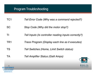 Program Troubleshooting


                    TC1                         Tell Error Code (Why was a command rejected?)

                    SC                          Stop Code (Why did the motor stop?)

                    TI                          Tell Inputs (Is controller reading inputs correctly?)

                    TR1                         Trace Program (Display each line as it executes)

                    TS                          Tell Switches (Home, Limit Switch status)

                    TA                          Tell Amplifier Status (Galil Amps)


& Serviced By:
                        94
                 ELECTROMATE
          Toll Free Phone (877) SERVO98
           Toll Free Fax (877) SERV099
                www.electromate.com
               sales@electromate.com
 