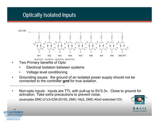 Optically Isolated Inputs




                      •          Two Primary benefits of Opto
                                 •   Electrical Isolation between systems
                                 •   Voltage level conditioning
                      •          Grounding issues: the ground of an isolated power supply should not be
                                 connected to the controller gnd for true isolation.

                      •          Non-opto inputs: inputs are TTL with pull-up to 5V/3.3v. Close to ground for
                                 activation. Take extra precautions to prevent noise.
                                 (examples DMC-21x3-ICM-20100, DMC-18x2, DMC-40x0 extended I/O)

& Serviced By:
                          98
                 ELECTROMATE
          Toll Free Phone (877) SERVO98
           Toll Free Fax (877) SERV099
                www.electromate.com
               sales@electromate.com
 