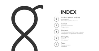 Team
5
Strenghts
4
Management team
Experience
Location
Why Galistair
3
Operator
How do we operate: White Airways as operator
Advantages of our partnership. Certifications
2
Aircraft
Technical characteristics
Range graphics
1
Galistair Infinite Aviation
Mission & Vision
What is Galistair Infinite Aviation?
INDEX
 