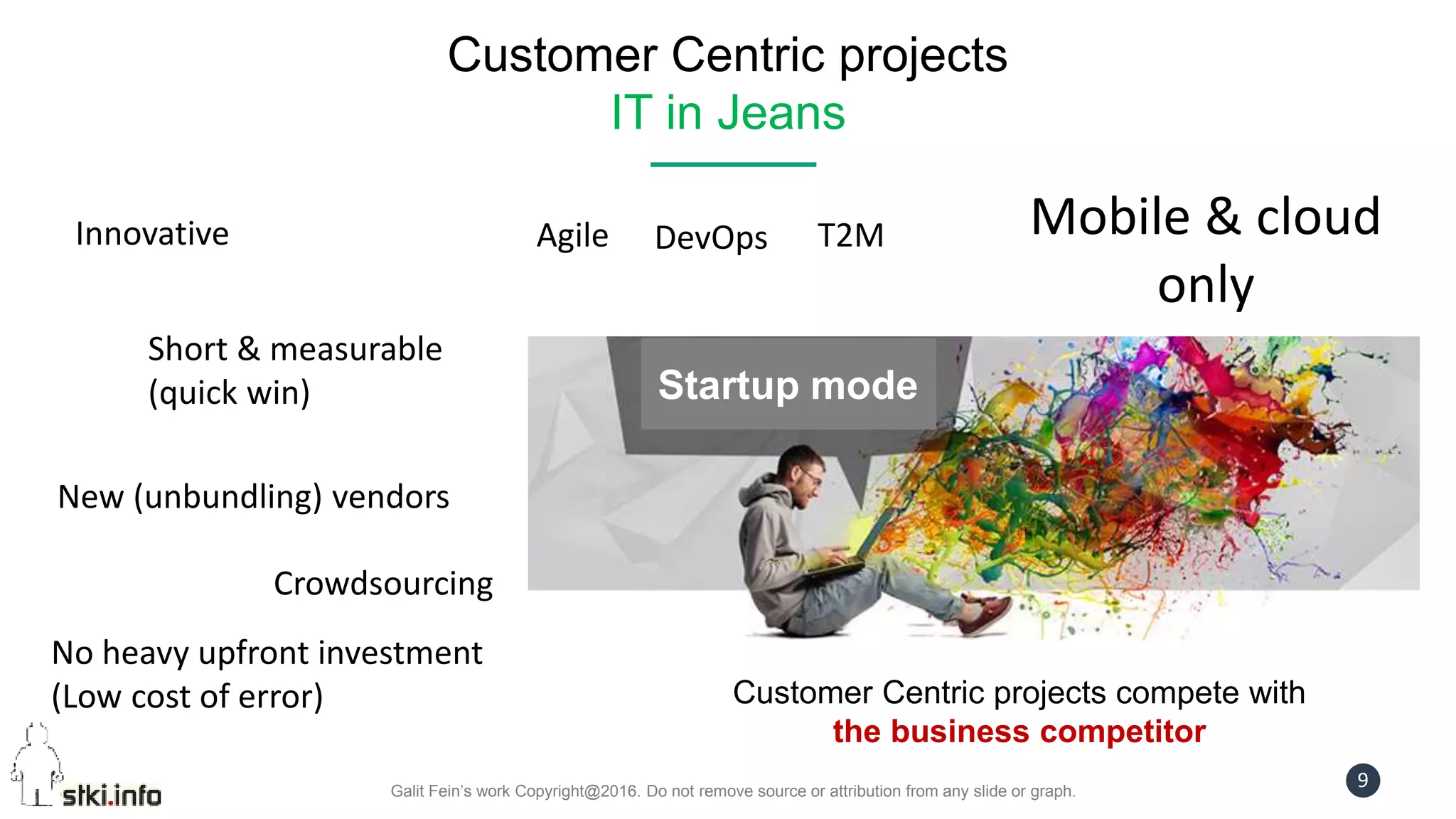 Galit Fein’s work Copyright@2016. Do not remove source or attribution from any slide or graph.
9
Customer Centric projects
IT in Jeans
Innovative
Short & measurable
(quick win)
New (unbundling) vendors
DevOps
No heavy upfront investment
(Low cost of error)
Mobile & cloud
only
Crowdsourcing
Agile
Startup mode
T2M
Customer Centric projects compete with
the business competitor
 