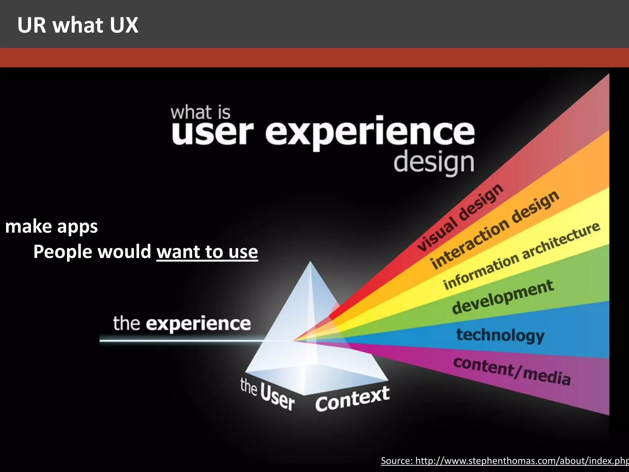 UR what UX




make apps
  People would want to use
                http://www.stephenthomas.com/about/index.php




              Galit Fein’s work Copyright 2012 @STKI                                                                      50
                                                                                       Source: http://www.stephenthomas.com/about/index.php
              Do not remove source or attribution from any graphic or portion of graphic
 