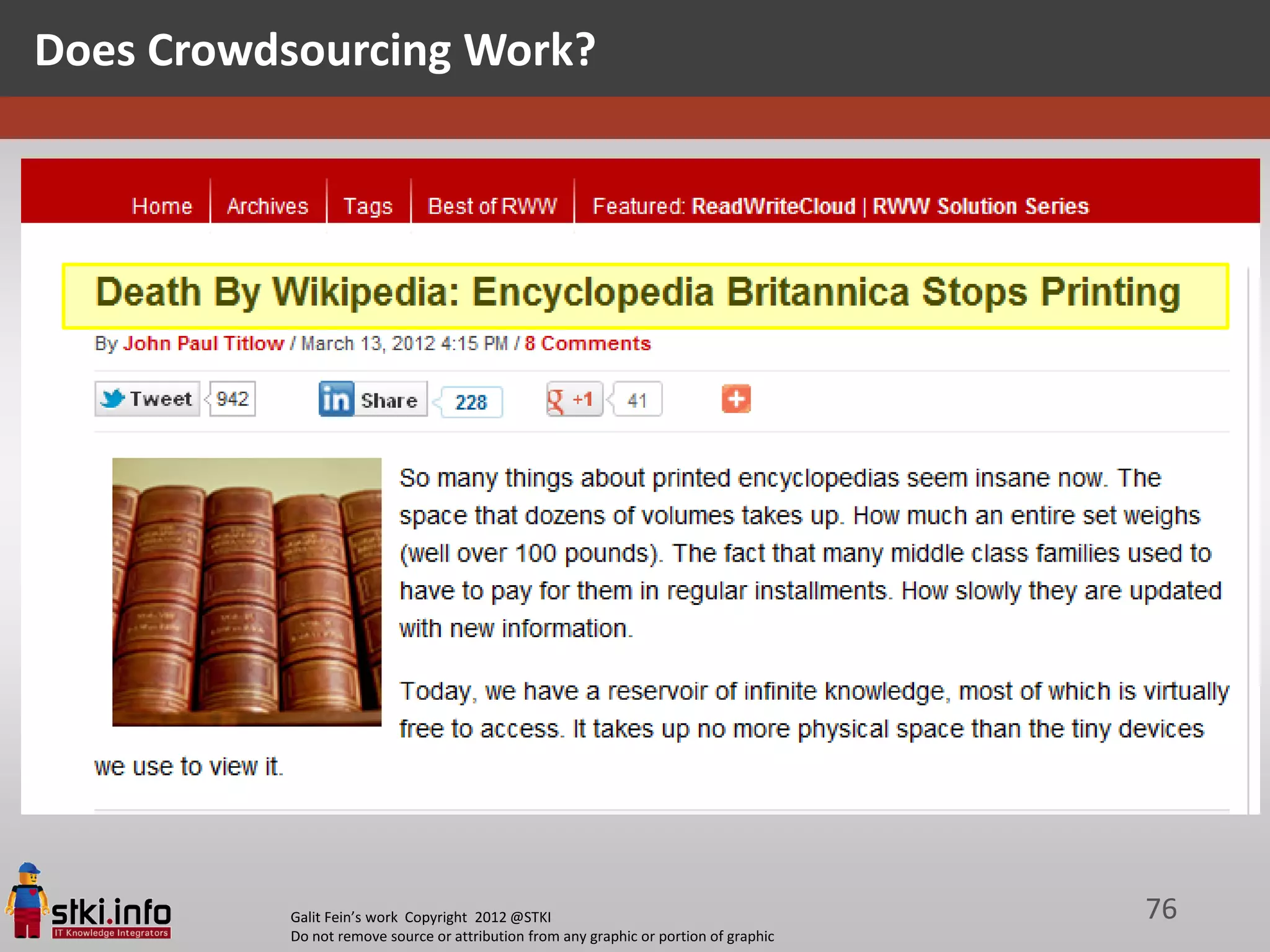 Does Crowdsourcing Work?




          Galit Fein’s work Copyright 2012 @STKI                                       76
          Do not remove source or attribution from any graphic or portion of graphic
 