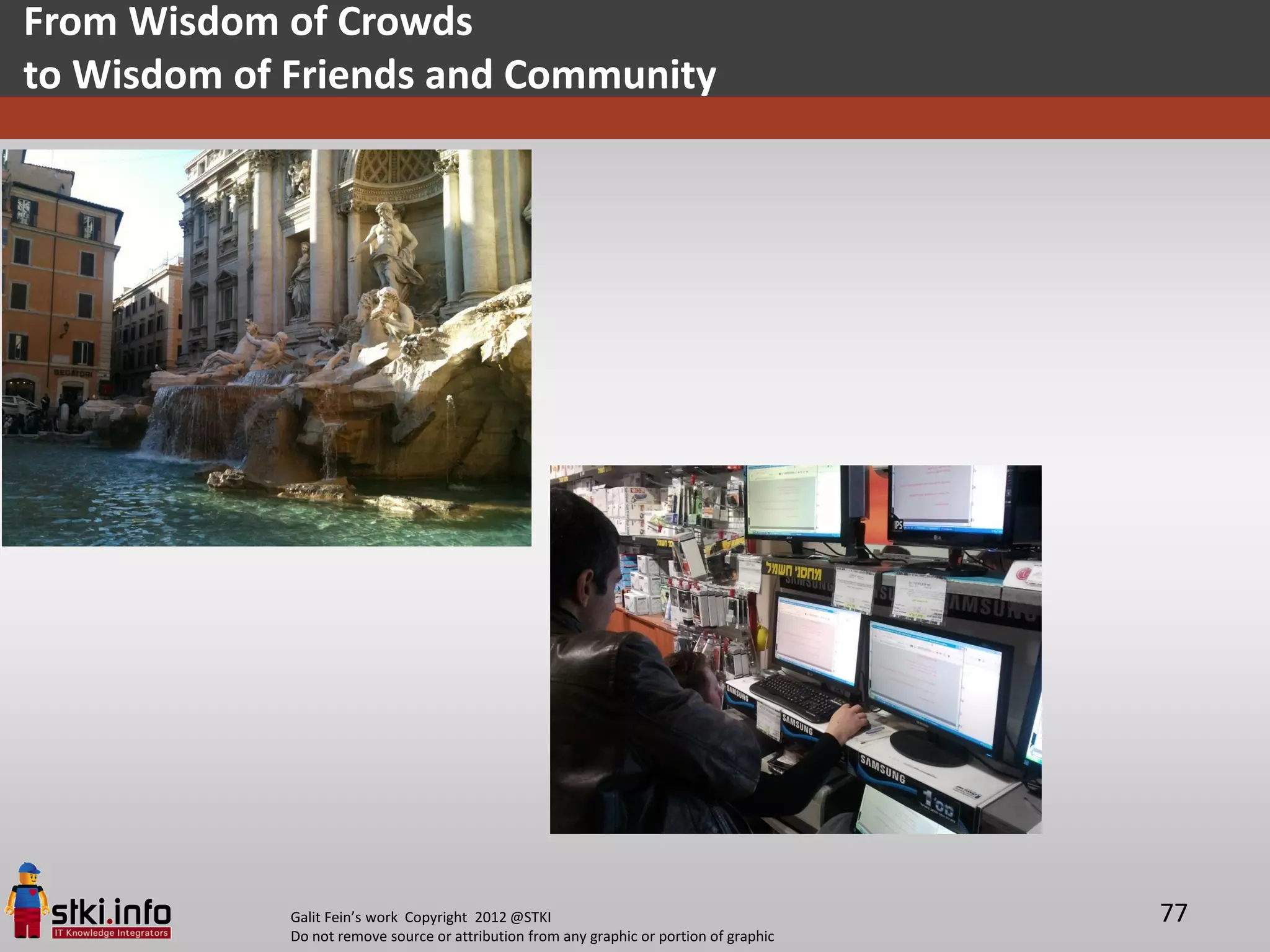 From Wisdom of Crowds
to Wisdom of Friends and Community




             Galit Fein’s work Copyright 2012 @STKI                                       77
             Do not remove source or attribution from any graphic or portion of graphic
 