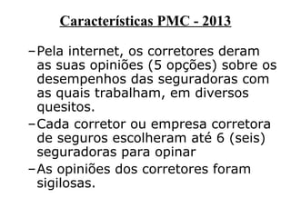 Características PMC - 2013
–Pela internet, os corretores deram
as suas opiniões (5 opções) sobre os
desempenhos das seguradoras com
as quais trabalham, em diversos
quesitos.
–Cada corretor ou empresa corretora
de seguros escolheram até 6 (seis)
seguradoras para opinar
–As opiniões dos corretores foram
sigilosas.

 