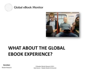 WHAT ABOUT THE GLOBAL
EBOOK EXPERIENCE?

            © Bowker Market Research 2012 -
         Data Source – Bowker Books & Consumer
 
