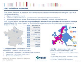 ERDF : un leader en mouvement

  ERDF dessert 35 millions de clients. Les réseaux français sont comparativement déjà plus « intelligents » que leurs
  homologues étrangers:
        Organes de réseau télécommandés
        Fonctions avancées de télé-conduite ayant démontré leur efficacité lors des événements climatiques
        Acheminement des signaux tarifaires de basculement en heures creuses des 12 millions de chauffe-eau électriques
  ERDF souhaite devenir une référence internationale dans la migration vers des réseaux de distribution d’électricité
  plus intelligents. Son projet s’appuie sur des études thématiques et sur des démonstrateurs principalement en
  Europe et en France                           ADEME
                                                 Postes Intelligents- RTE
                                                 2011

                                                 Fonds
                                                propres          Issygrid- BOUYGUES
                                                ADEME
                                                 2011                Venteea- ERDF
                                                 Fonds
                                                propres       Houat & Hoedic - ERDF
                                                 FP7
                                                Europe              Address 2- ENEL
                                                ADEME
                                                 2011     Smart Grids Vendée- SYDEV
                                                ADEME
                                                 2011       Lyon Confluence - NEDO
                                                ADEME
                                                 2009                Greenlys- ERDF
                                                ADEME
                                                 2011            Smart Lyon- EDF SA
                                                 Fonds
                                                propres             Chip2grid - STM
                                                ADEME
                                                 2009                Nicegrid - ERDF
                                                 FP7
                                                Europe               Grid4EU- ERDF
                                                Région               Premio2- POLE
                                                 PACA
                                                                      CAPENERGIES

13 «Démonstrateurs» : Projets français dans                                            «Grid4EU» : Projet européen géré par six
lesquels ERDF est associé avec 98 partenaires                                          Distributeurs et coordonné par ERDF
     69 partenaires « Industriels » , 3 partenaires « Etudes et Conseil »                 Couvre plus de 50% des consommateurs d'électricité en
     18 partenaires « Recherche et Enseignement »                                         Europe
      8 partenaires « Institutionnels »                                                   27 partenaires (services publics, fournisseurs d'énergie,
Cité Modèle des Réseaux Intelligents – Electricité                                        fabricants, instituts de recherche)
Lille – 29/09/2011                                                                        Durée: 4 ans (Octobre 2011-Décembre 2015)
                                                                                                                                             COPIL 26/09/2011
 