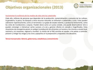 Objetivos organizacionales (2013)
Incrementar la resiliencia de los medios de vida ante las catástrofes
Cada año, millones de personas que dependen de la producción, comercialización y consumo de los cultivos,
la ganadería, la pesca, los bosques y otros recursos naturales se enfrentan a catástrofes y crisis. Estas pueden
sobrevenir repentinamente, como un terremoto o un golpe de estado violento, o producirse lentamente, como
los ciclos de inundaciones y sequías. Pueden darse como un suceso aislado, uno puede desencadenar otro o
pueden converger e interactuar varios sucesos a la vez y generar efectos en cascada y magnificados. Estas
situaciones de emergencia ponen en peligro la producción de alimentos y el acceso a los mismos a escala local,
nacional y, en ocasiones, regional y mundial. La misión de la FAO consiste en ayudar a los países a controlar,
prevenir y mitigar los riesgos y las crisis y apoyarlos en la preparación y respuesta a los desastres.
Temas transversales: Género, gobernanza, estadísticas y conocimiento
12
 
