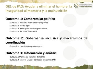 OE1 de FAO: Ayudar a eliminar el hambre, la
inseguridad alimentaria y la malnutrición
Outcome 1: Compromiso político
Output 1.1: Políticas, inversiones y programas
Output 1.2: Marco legal
Output 1.3: RRHH y desarrollo organizacional
Output 1.4: Recursos financieros
Outcome 2: Gobernanza inclusiva y mecanismos de
coordinación
Output 2.1: coordinación y gobernanza
Outcome 3: Información y análisis
Output 3.1:Monitoreo y análisis de la SAN
Output 3.2: Mapeo, M&E de políticas y programas SAN
13
 