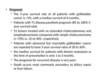 • Prognosis
• The 5-year survival rate of all patients with gallbladder
cancer is <5%, with a median survival of 6 months.
• Patients with T1 disease.excellent prognosis (85 to 100% 5-
year survival rate).
• T2 lesions treated with an extended cholecystectomy and
lymphadenectomy compared with simple cholecystectomy
is >70% vs. 25 to 40%, respectively
• Patients with advanced but resectable gallbladder cancer
are reported to have 5-year survival rates of 20 to 50%.
• the median survival for patients with distant metastasis at
the time of presentation is only 1 to 3 months.
• The prognosis for recurrent disease is very poor
• Death occurs most commonly secondary to biliary sepsis
or liver failure.
 