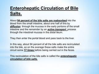 Enterohepatic Circulation of Bile
Salts.
About 94 percent of the bile salts are reabsorbed into the
blood from the small intestine, about one half of this by
diffusion through the mucosa in the early portions of the small
intestine and the remainder by an active transport process
through the intestinal mucosa in the distal ileum.
They then enter the portal blood and pass back to the liver.
In this way, about 94 percent of all the bile salts are recirculated
into the bile, so on the average these salts make the entire
circuit some 17 times before being carried out in the feces.
This recirculation of the bile salts is called the enterohepatic
circulation of bile salts.
 