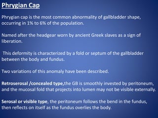 Phrygian Cap
Phrygian cap is the most common abnormality of gallbladder shape,
occurring in 1% to 6% of the population.
Named after the headgear worn by ancient Greek slaves as a sign of
liberation.
This deformity is characterized by a fold or septum of the gallbladder
between the body and fundus.
Two variations of this anomaly have been described.
Retroserosal /concealed type,the GB is smoothly invested by peritoneum,
and the mucosal fold that projects into lumen may not be visible externally.
Serosal or visible type, the peritoneum follows the bend in the fundus,
then reflects on itself as the fundus overlies the body.
 