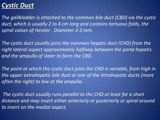 Cystic Duct
The gallbladder is attached to the common bile duct (CBD) via the cystic
duct, which is usually 2 to 4 cm long and contains tortuous folds, the
spiral valves of Heister . Diameter 2-3 mm.
The cystic duct usually joins the common hepatic duct (CHD) from the
right lateral aspect approximately halfway between the porta hepatis
and the ampulla of Vater to form the CBD.
The point at which the cystic duct joins the CHD is variable, from high in
the upper extrahepatic bile duct or one of the intrahepatic ducts (more
often the right) to low at the ampulla.
The cystic duct usually runs parallel to the CHD at least for a short
distance and may insert either anteriorly or posteriorly or spiral around
to insert on the medial aspect.
 
