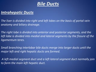 Bile Ducts
Intrahepatic Ducts
The liver is divided into right and left lobes on the basis of portal vein
anatomy and biliary drainage.
The right lobe is divided into anterior and posterior segments, and the
left lobe is divided into medial and lateral segments by the fissure of the
ligamentum teres.
Small branching interlobar bile ducts merge into larger ducts until the
major left and right hepatic ducts are formed.
A left medial segment duct and a left lateral segment duct normally join
to form the main left hepatic duct.
 