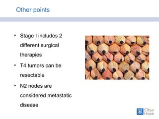 Other points
• Stage I includes 2
different surgical
therapies
• T4 tumors can be
resectable
• N2 nodes are
considered metastatic
disease
 