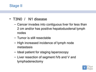 Stage II
• T3N0 / N1 disease
– Cancer invades into contiguous liver for less than
2 cm and/or has positive hepatoduodenal lymph
nodes
– Tumor is still resectable
– High increased incidence of lymph node
metastasis
– Ideal patient for staging laparoscopy
– Liver resection of segment IVb and V and
lymphadenectomy
 