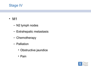 Stage IV
• M1
– N2 lymph nodes
– Extrahepatic metastasis
– Chemotherapy
– Palliation
• Obstructive jaundice
• Pain
 